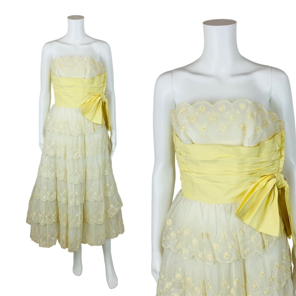 Vintage 1950s Prom Dress Pale Yellow Sash Embroidered Shelf Bust Evening Gown